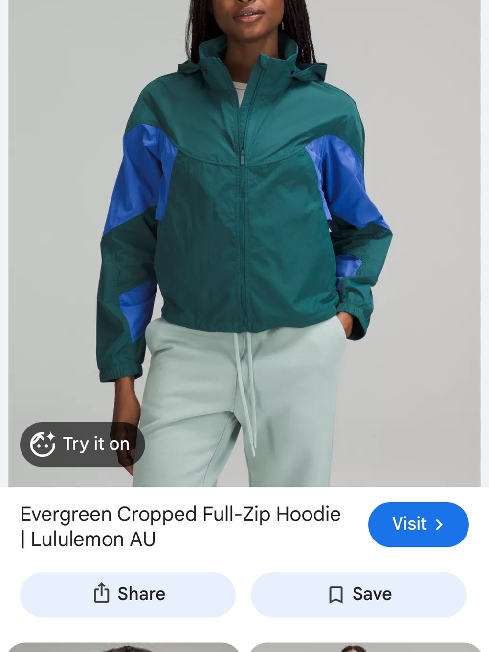 lululemon evergreen cropped full-zip hoodie jacket - teal & royal blue